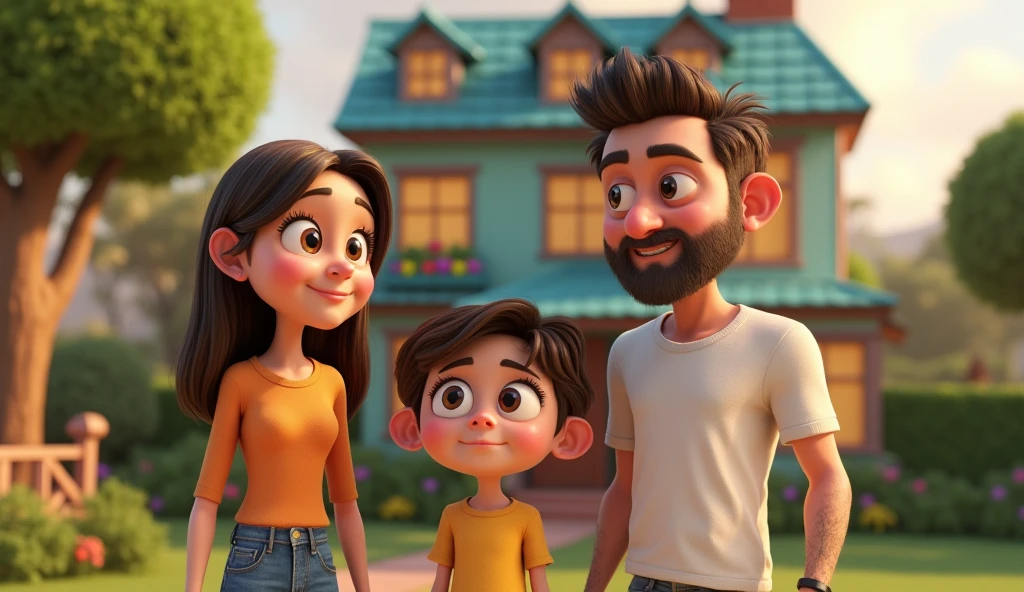 Im Stil von Pixar 3D-Animation filmen (Caricature). A couple with their teenage daughter stands in front of a house.