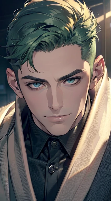 (best quality,4k,8k,highres,masterpiece:1.2),ultra-detailed,(realistic,photorealistic,photo-realistic:1.37),1 man,3,mature man,very handsome,without expression,smile,short green hair,blue eyes,penetrating gaze,perfect face without errors,imposing posture,businessman,office background,cinematic lighting,hdr image