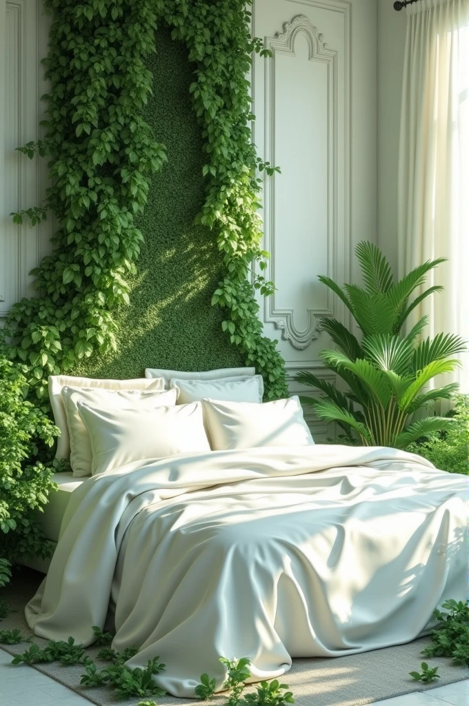 Green room with bush and. Door of the walls of the white bed vine