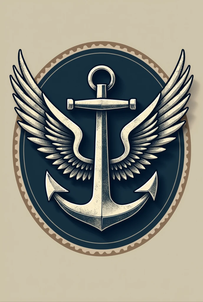 “A logo design featuring a classic ship’s anchor with majestic wings attached to it. The anchor should have a metallic, weathered appearance, while the wings are sleek, dynamic, and bird-like in their design. However, the wings should not be symmetrical - the left wing should be larger and more dramatic in its sweep, while the right wing is slightly smaller and more compact. This asymmetrical wing design should create a sense of movement and energy in the logo. Use a color palette that evokes a vintage, nautical feel, such as blues, grays, and golds. The logo should have a timeless, heraldic quality that would look great on branding, stationery, or maritime-themed merchandise.”