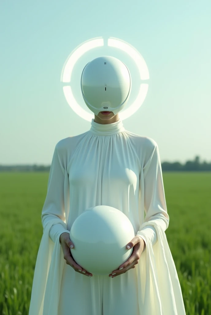 A woman dressed in white with a helmet standing in a field, helmet instead of a head, a frame from an ethereal, holding helmet, nico in a white dress, futuristic clothing and helmet, wearing a round helmet, white helmet, halo over her head, Johanna Martin, frame from a music video, monia merlo, wearing a helmet