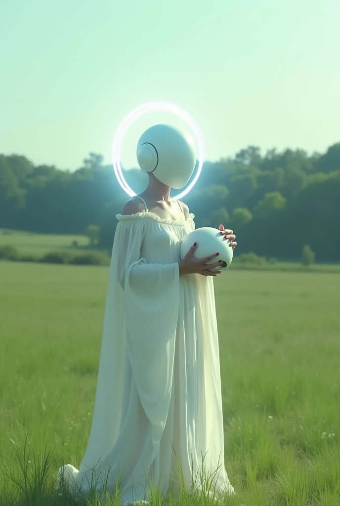 A woman dressed in white with a helmet standing in a field, helmet instead of a head, a frame from an ethereal, holding helmet, nico in a white dress, futuristic clothing and helmet, wearing a round helmet, white helmet, halo over her head, Johanna Martin, frame from a music video, monia merlo, wearing a helmet