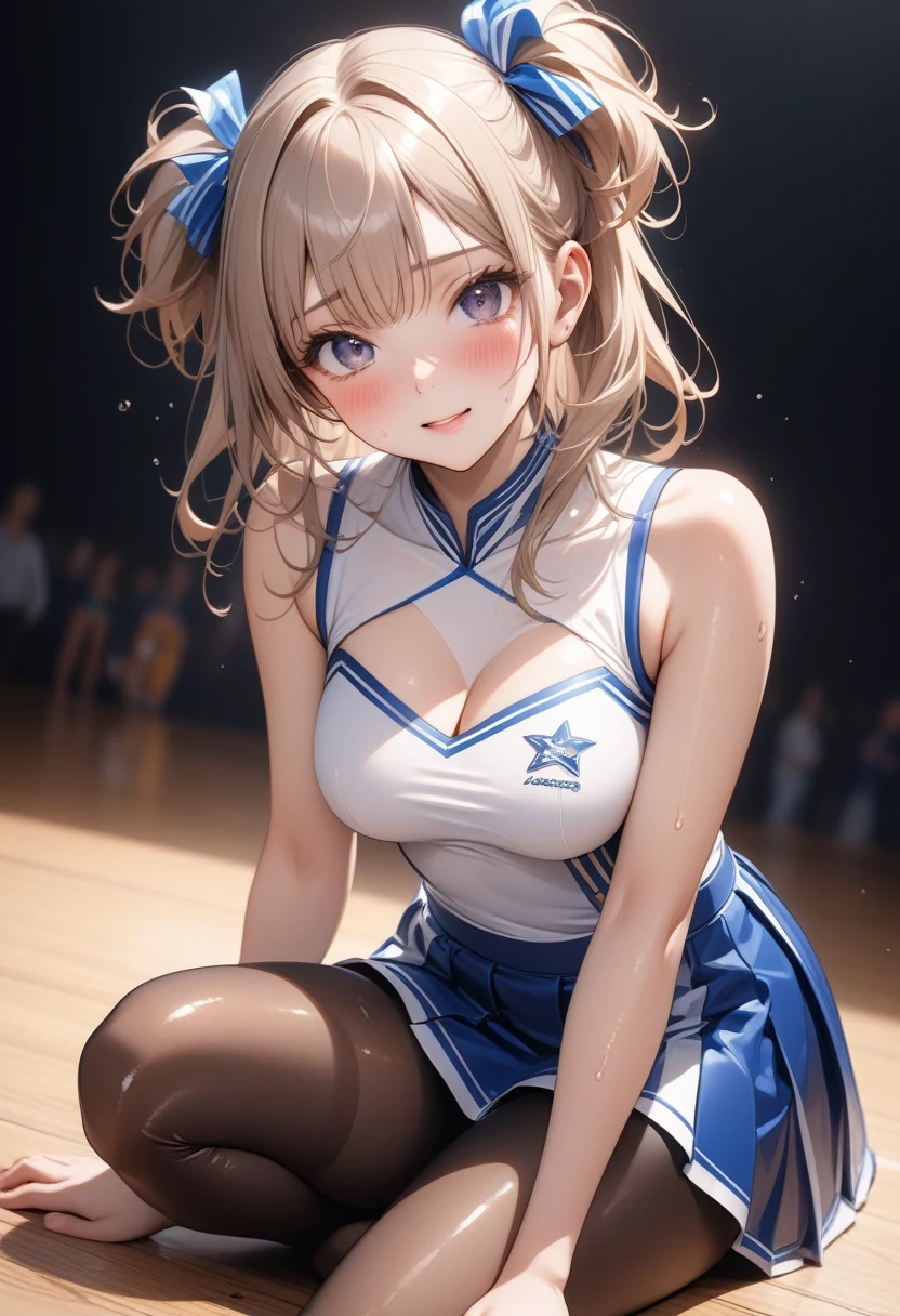 blonde pony tail anime girl in a light blue and white cheerleader outfit holding a (yellow pom pom), ((left eye covered by hair bang)), blue eyes, (have cute brown dog ears and tail), show belly, light smile, render of a cute 3d anime girl, hanayamata, small curvy, 3d anime girl, anime moe artstyle, vrchat, anime style. 8k, stylized anime, render of april, shikamimi, shiny curtain background