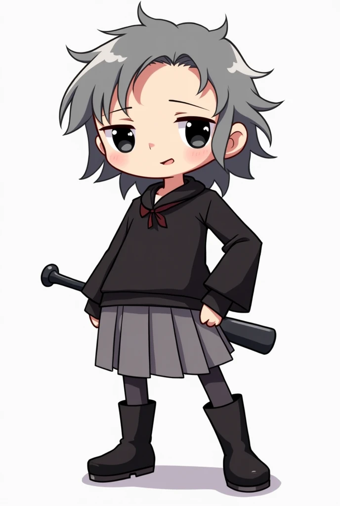 A cartoon style male character with a round head, black eyes, long hair, half of which is gray and the other half is black, a long-sleeved black shirt and a gray skirt with a baseball bat made of iron, white skin, full body with black boots.