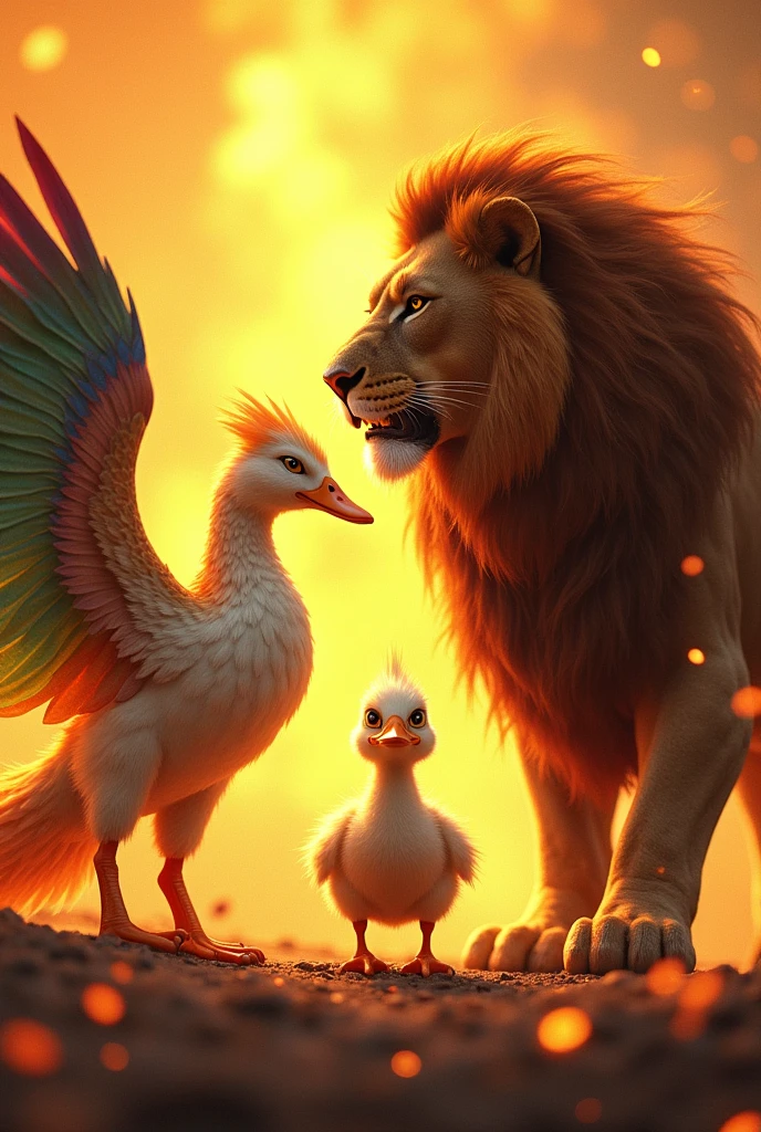 A lion and a phoenix together and a duckling with an angry white face in the middle and all realistic and with an intense yellow background with fire
