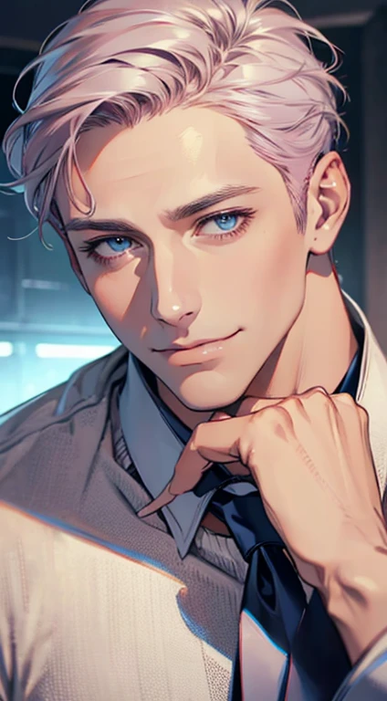 (Highest quality,4K,8K,High resolution,masterpiece:1.2),Super detailed,(Realistic,photoRealistic,photo-Realistic:1.37),1 personld,Mature Men,Beautiful skin、very handsome,Expressionless,smile,Short gray pink hair,blue eyes,Sharp Eyes,A perfect face without a doubt,Businessman,Office Background,Cinema Lighting,HDR image,tie、