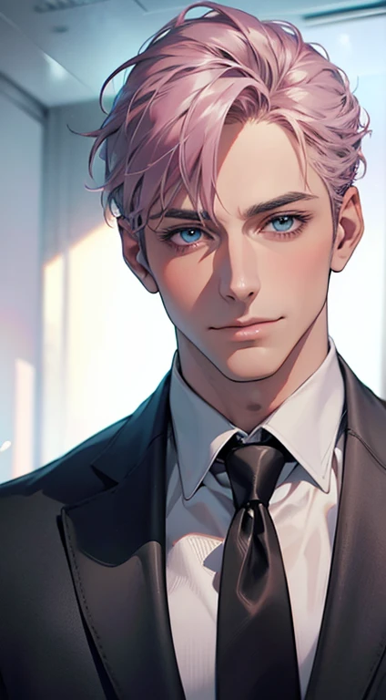 (Highest quality,4K,8K,High resolution,masterpiece:1.2),Super detailed,(Realistic,photoRealistic,photo-Realistic:1.37),1 personld,Mature Men,Beautiful skin、very handsome,Expressionless,smile,Short gray pink hair,blue eyes,Sharp Eyes,A perfect face without a doubt,Businessman,Office Background,Cinema Lighting,HDR image,tie、