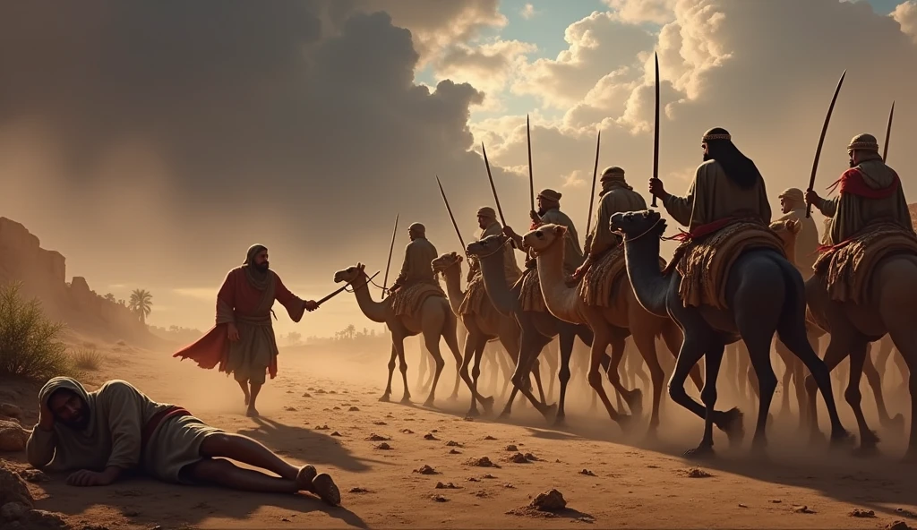 "Create a dramatic scene where the Chaldeans, organized into three bands, are attacking Job's camels and his servants. The image should depict the chaos of the raid, with the Chaldeans wielding swords as they drive away the camels. Some servants are shown being struck down, while others lie on the ground. One servant, terrified and fleeing the scene, is shown running towards the foreground, ready to deliver the tragic news to Job. The background should feature a desolate desert landscape, with dark, ominous clouds in the sky, symbolizing the devastation."