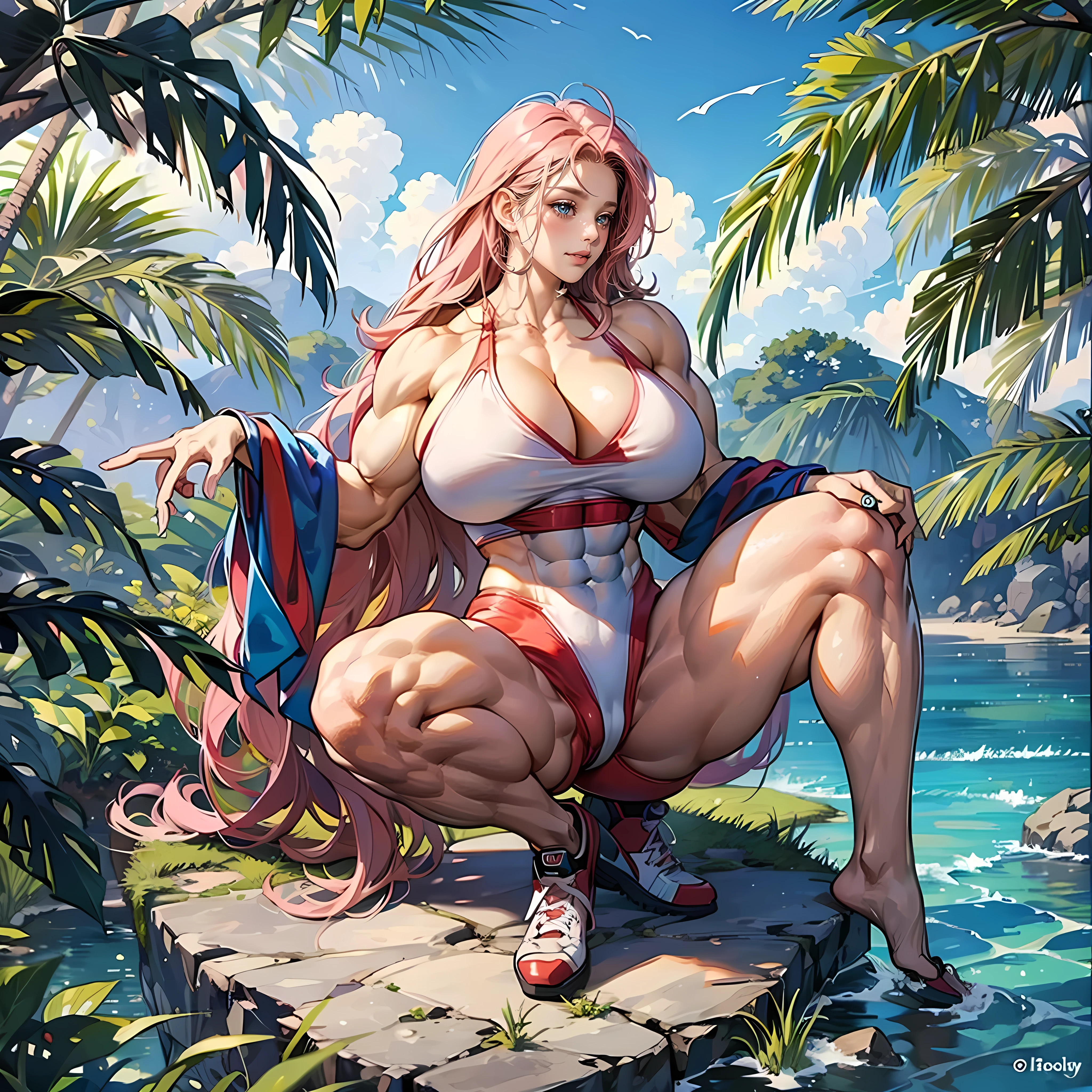 1girl, solo woman, alone, (Full Body). (Naked:1.8), prehistoric jungle woman, Long Legs:1.8, (Wide Hips:1.5), ((Massive Female Bodybuilder:2)), ((Huge Breasts:1.8)), dark tan white woman, massive muscular ass, long pink hair messy, super dark tan skin smooth, dark skin, sitting down on a rock while happily looking at the viewer