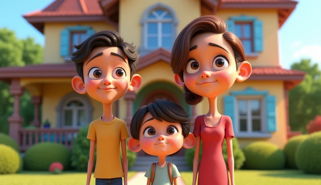 Im Stil von Pixar 3D-Animation filmen (Caricature). A couple with their teenage daughter stands in front of a house.