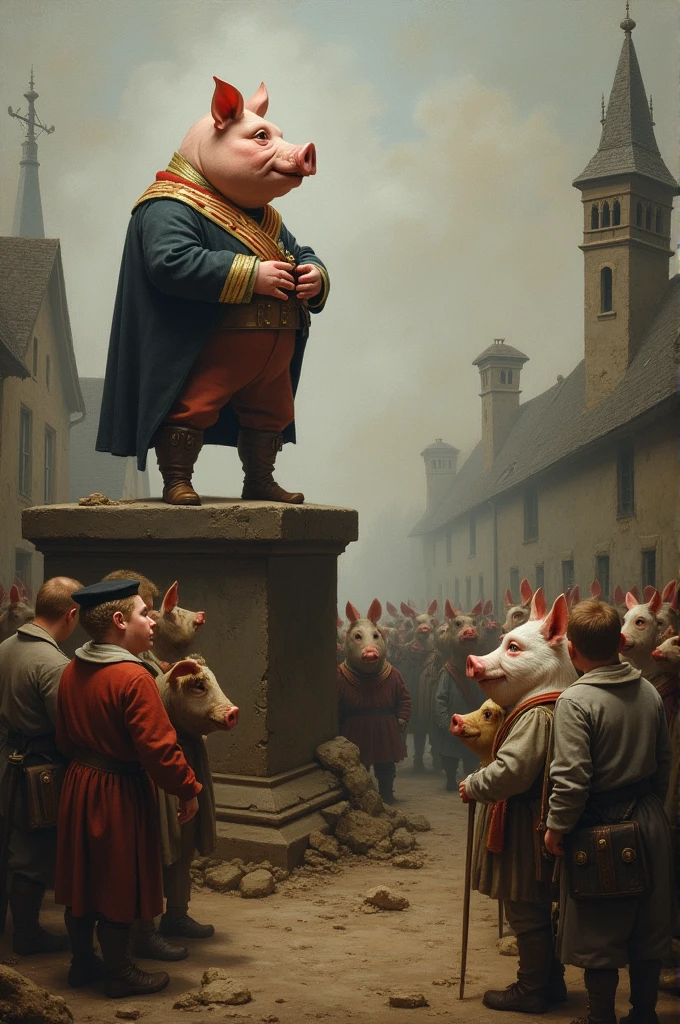 Justification and Oblivion Image: Napoleon the pig, speaking from a platform, while the animals, confused and resigned, They forget the ideals of the rebellion. Text: "Napoleon justifies his dictatorship to 'protect' the farm, y los animales They forget the ideals of the rebellion."
