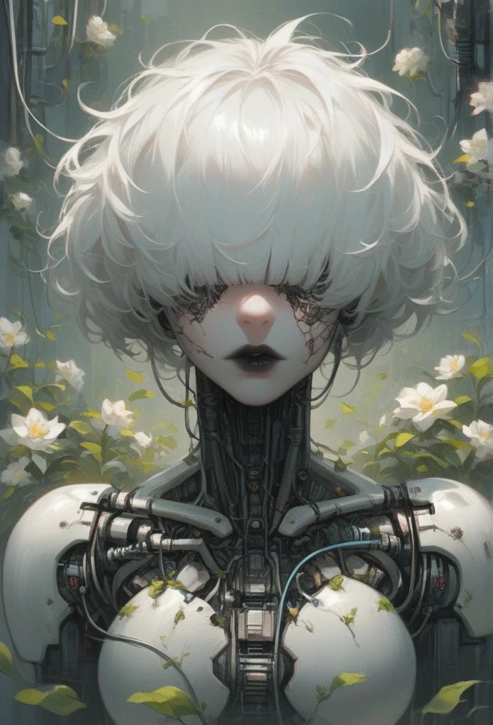 score_9, score_8_up, score_7_up, score_6_up, score_5_up, score_4_up, cr34tur3g0r3, 1girl, flowers, cyborg, wires, broken, white hair, messy hair, hair covering eyes, hair over eyes, blunt bangs, black lipstick, robot