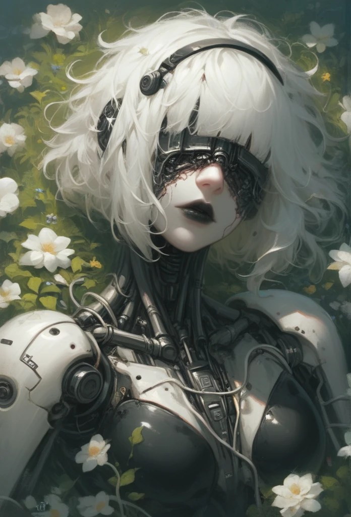 score_9, score_8_up, score_7_up, score_6_up, score_5_up, score_4_up, cr34tur3g0r3, 1girl, flowers, cyborg, wires, broken, white hair, messy hair, hair covering eyes, hair over eyes, blunt bangs, black lipstick, robot