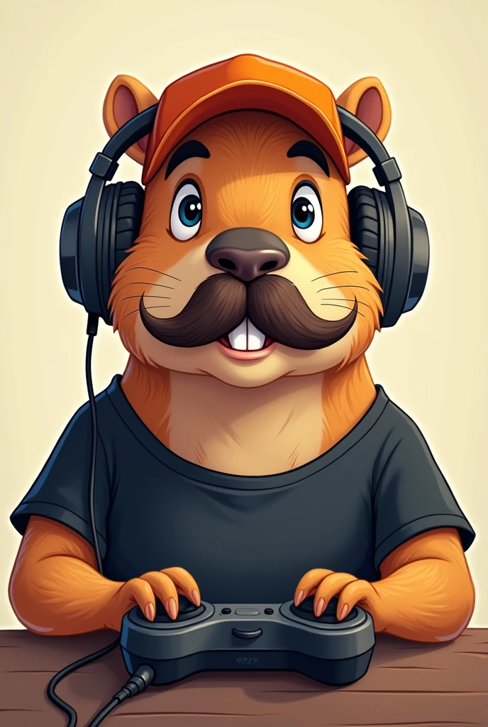 Cartoon drawing of a capybara face with a mustache playing a video game in a black t-shirt, orange cap and headphones!