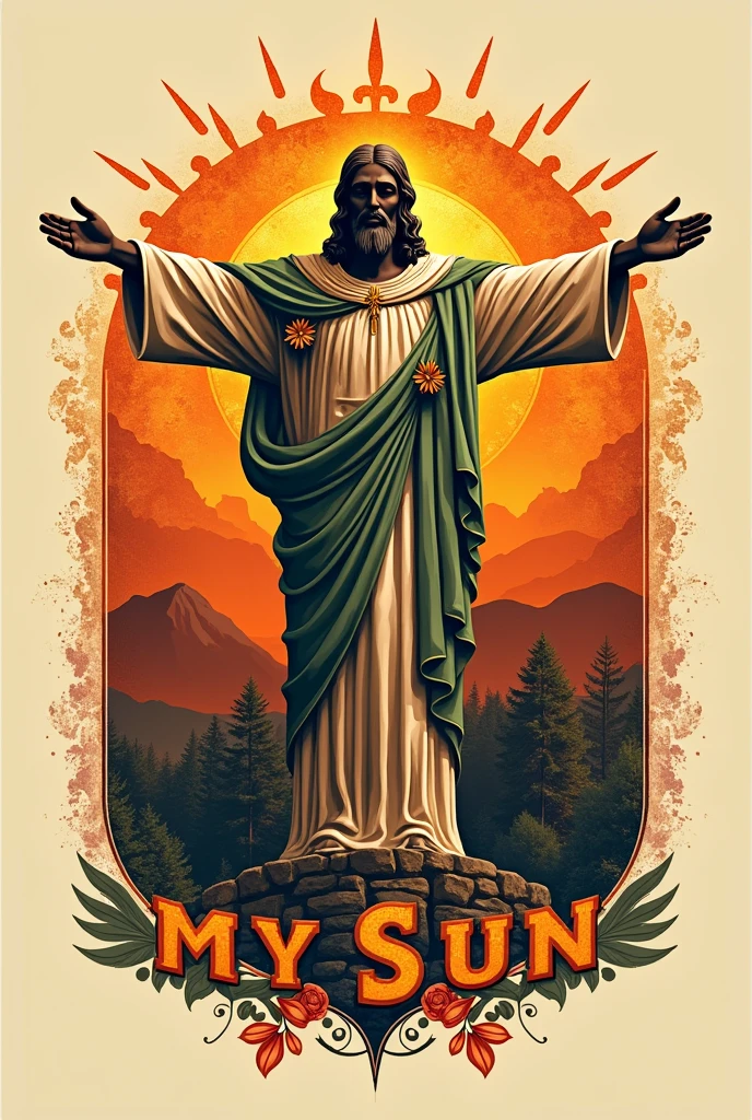 I want a logo for my restaurant called **"My Sun"**. The design must capture the essence of a Bolivian food restaurant, So I would like it to include elements that represent Bolivian culture..
Specifically, I want the background of the logo to include the image of Christ of Concord, One of the most recognized symbols of Cochabamba, Bolivia. The style of the logo should convey warmth, the tradition, and the authenticity of Bolivian gastronomy.