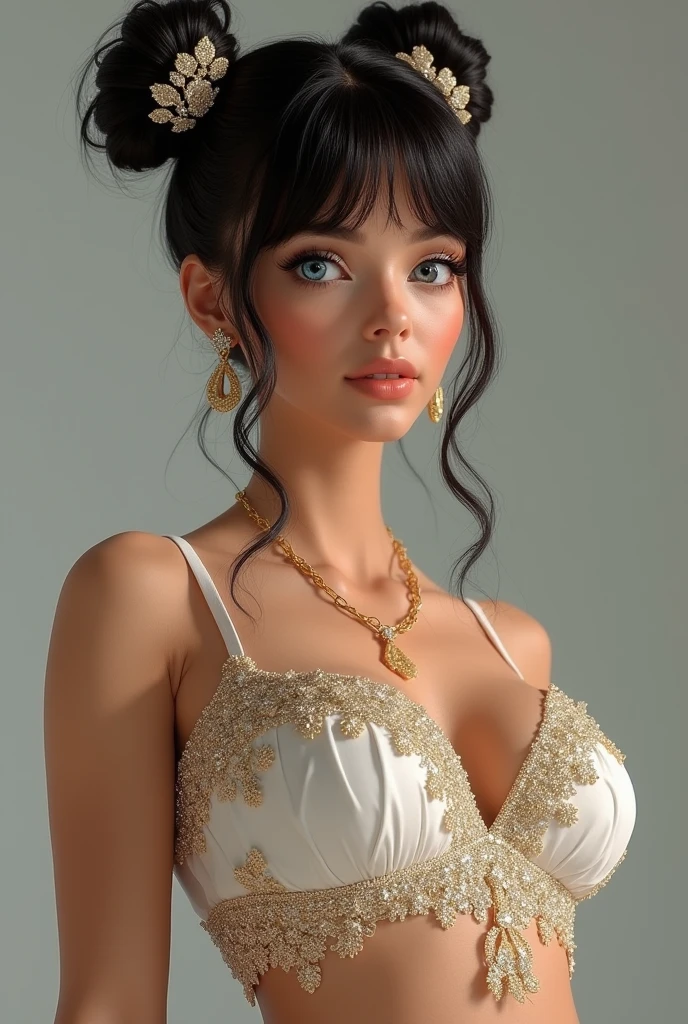 Mexican A beautiful pale-skinned Latina , eyes blue, full body, perfect body, two buns, straight bangs, (best quality,4k,8k,highres,masterpiece:1.2),ultra-detailed,(realistic,photorealistic,photo-realistic:1.37),HDR,UHD,studio lighting,ultra-fine painting,sharp focus,physically-based rendering,extreme detail description,professional,vivid colors,bokeh,portraiture,glamour,sensual,alluring,wear mexi, in style of Retna, full body, write the name Sofia with glitter