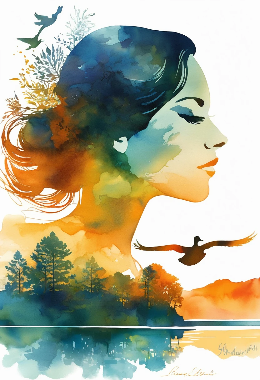 A detailed and artistic depiction of a beautiful female profile with a perfect face. The woman is the owner of a mature, elegant and dignified charm. Inside the silhouette of the woman is a double exposure of a captivating scene of sunset or sunrise over a calm blue lake. The sky is painted in shades of orange, yellow and red, and the silhouettes of green trees are reflected in the water. There are also two ducks swimming in the lake. The entire composition is against a background of watercolor stains in shades of white, blue and gold, giving the work a vivid and dynamic feel., Vividness, Painting,