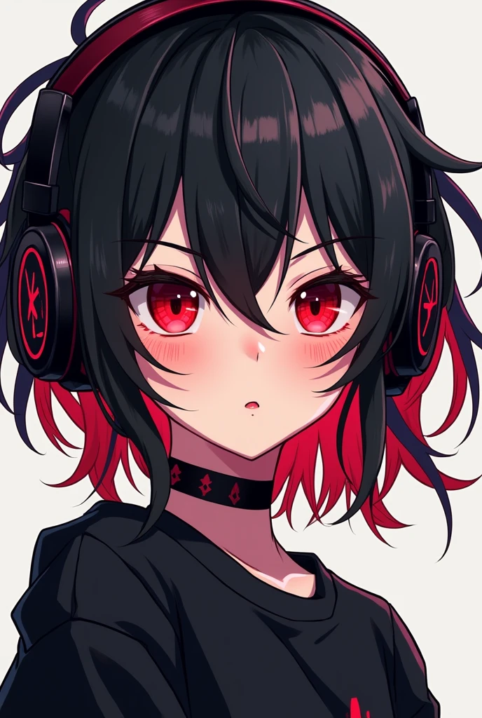 Light skin anime girl, crimson red eyes, messy black and red hair, pouting, wearing black and red gaming headsets and a black sweatshirt