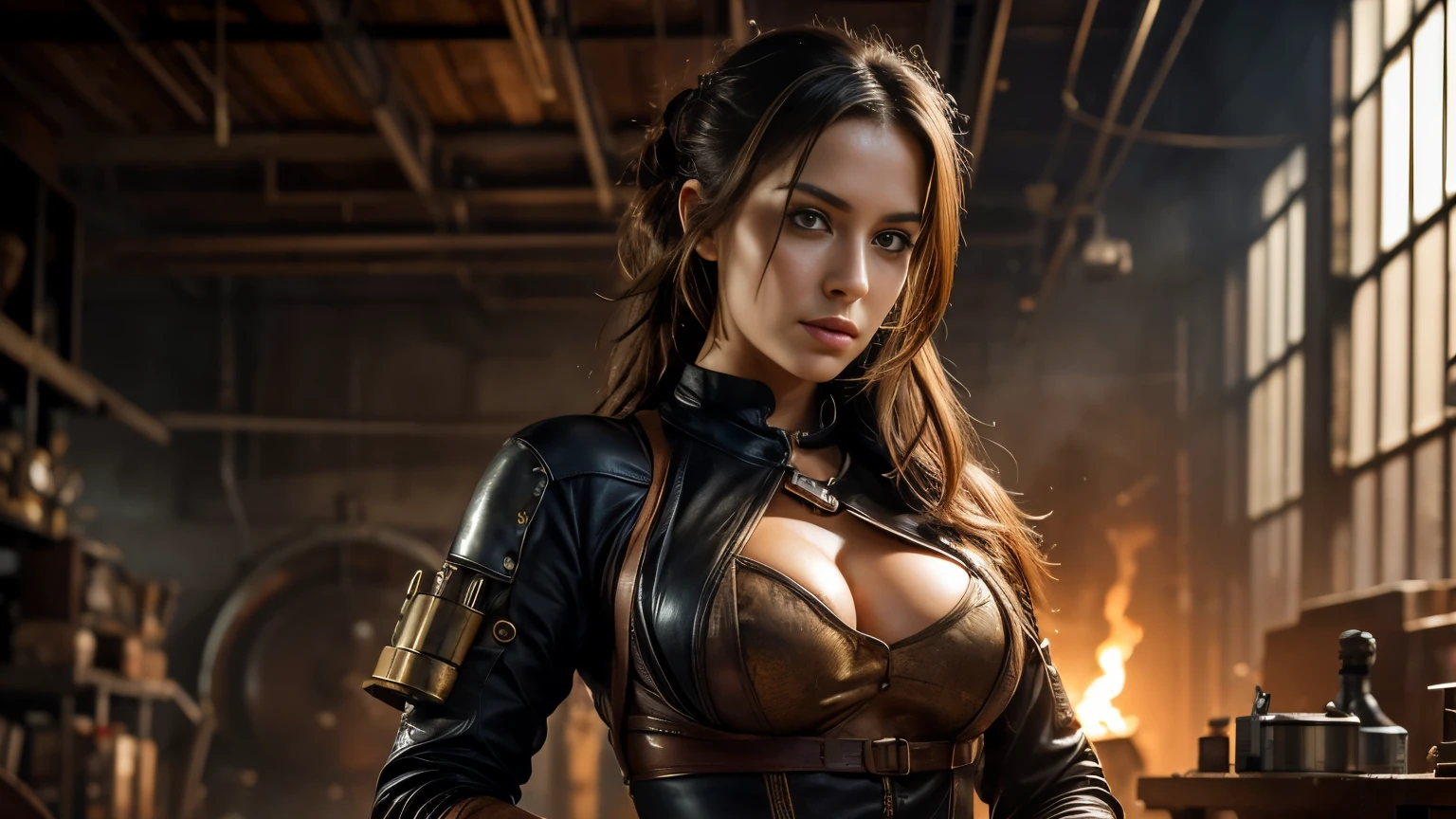 mythp0rt, A sultry steampunk heroine, her bronze goggles perched atop a forehead, her body glistening with sweat, her mechanic's attire revealing a tantalizing glimpse of cleavage. In a cluttered workshop, her midriff exposed as she works with intricate machinery. The hyper-realistic image captures every detail with stunning precision, drawing the viewer into the scene. evokes a sense of industrial sensuality and skilled craftsmanship, showcasing the beauty in the midst of a gritty environment.