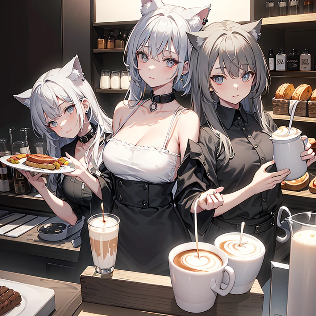Only one, A little light in the eyes, High resolution, Wolf Hair, Outside flip, Layered Cut, Grey Hair, Bangs, Triangular earrings on the left ear only, Cat Eyes, Black open-collar Y-shirt, Left lower lip mole, Milk pitcher in right hand,
Latte cup in left hand, No animal ears, Background cafe counter