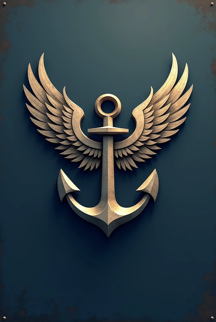 “A logo design featuring a classic ship’s anchor with majestic wings attached to it. The anchor should have a metallic, weathered appearance, while the wings are sleek, dynamic, and bird-like in their design. However, the wings should not be symmetrical - the left wing should be larger and more dramatic in its sweep, while the right wing is slightly smaller and more compact. This asymmetrical wing design should create a sense of movement and energy in the logo. Use a color palette that evokes a vintage, nautical feel, such as blues, grays, and golds. The logo should have a timeless, heraldic quality that would look great on branding, stationery, or maritime-themed merchandise.”