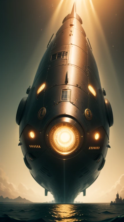 Fantasy,8k,Extremely detailed, masterpiece,High resolution,Highest quality,Increase the resolution,Cinema Lighting,Different space,6-dimensional world,Giant submarine,Steampunk submarines,Ancient Undersea City,deep sea,Japan Trench,Dazzling Light,In the vast ocean,眼下にAncient Undersea Cityが広がる、vast composition,School of sardines,deep sea6000m