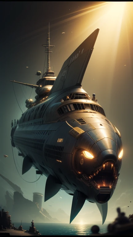Fantasy,8k,Extremely detailed, masterpiece,High resolution,Highest quality,Increase the resolution,Cinema Lighting,Different space,6-dimensional world,Giant submarine,Steampunk submarines,Ancient Undersea City,deep sea,Japan Trench,Dazzling Light,In the vast ocean,眼下にAncient Undersea Cityが広がる、vast composition,School of sardines,deep sea6000m