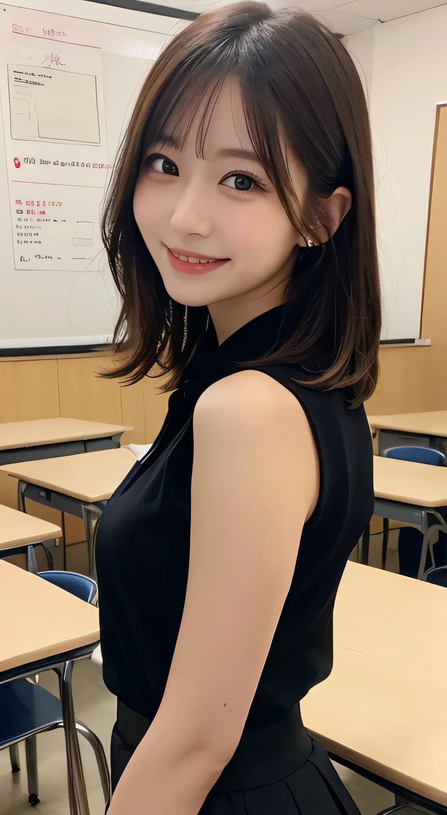 Tabletop, Highest quality, figure, Very detailed, In detail, High resolution, 8k wallpaper, Perfect dynamic composition, Beautiful attention to detail,Wavy Hair、 (short hair)、Small breasts, ((Arched back)),arch back、smile、cute、happy、sexy shot looking at camera,Perfect and beautiful face、Sleeveless shirt、Collared shirt、24-years-old、female teacher、long skirt、smile、Simple Necklace、staff room、School、