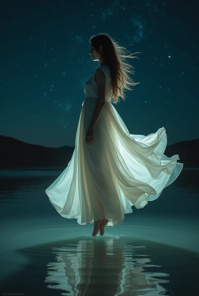 There is a woman standing in the water with a sheet, she is floating in the air, inspired by Brooke Shaden, dreamy and ethereal and dark, a frame of an ethereal, at night, floating ghost, floating away, by Brooke Shaden, floating in the desert night, levitating above the ground, wearing a flowing white dress, ethereal and otherworldly