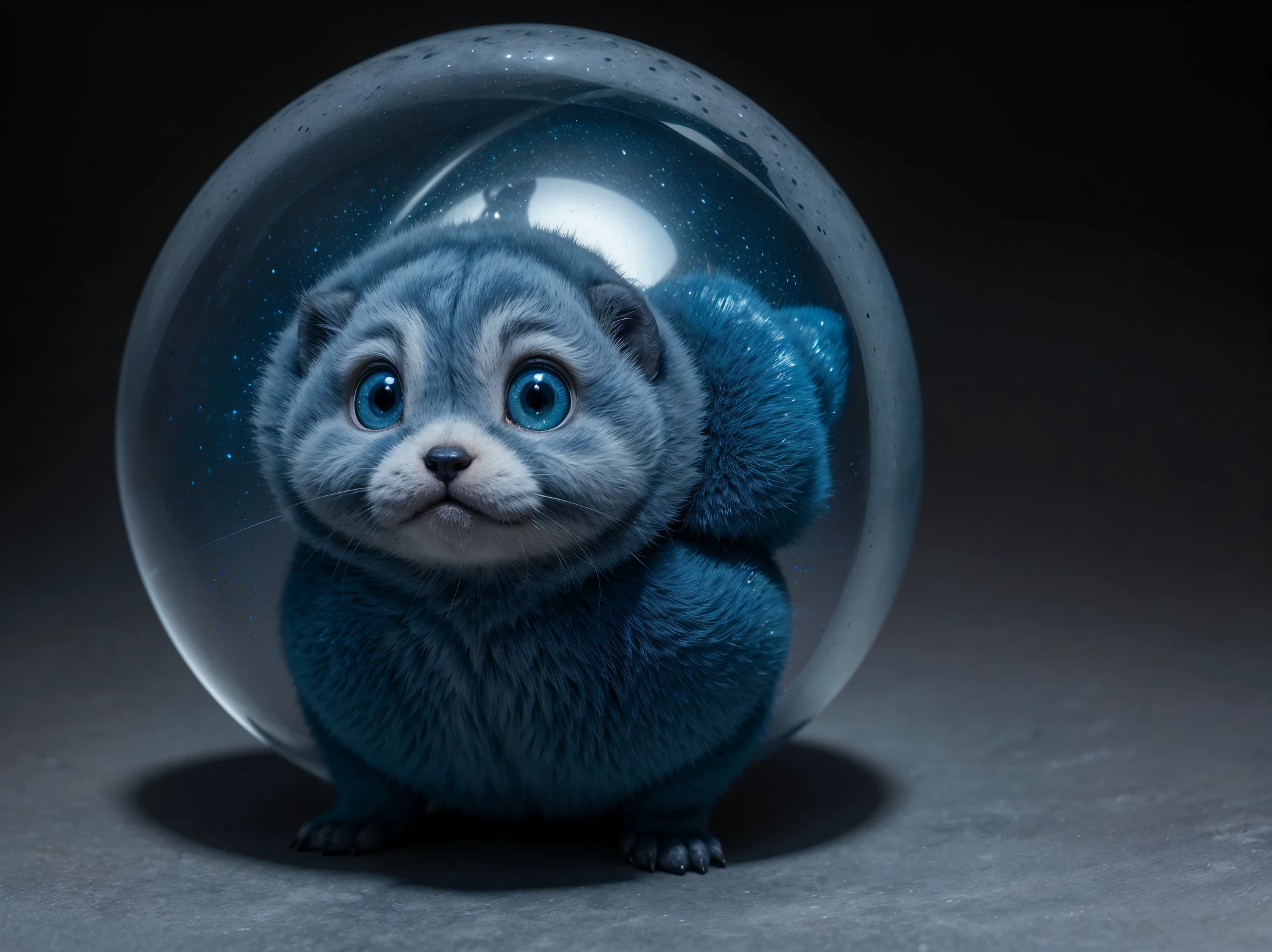 Imagine a close-up view of a cute alien creature positioned near the camera. The creature is a small, quadrupedal being with short, soft blue fur that appears slightly textured. Its large, glossy black eyes give it an expressive and endearing look, while delicate, thin antennas rise from its head, each ending in a small, spherical tip. The creature’s body is compact and well-proportioned, with a gentle, rounded form that emphasizes its friendly and harmless nature. The lighting highlights the subtle details of its fur and skin, enhancing the vivid blue tones and creating a soft, inviting glow around it. The overall design captures a blend of playful and alien characteristics, making it both charming and otherworldly.