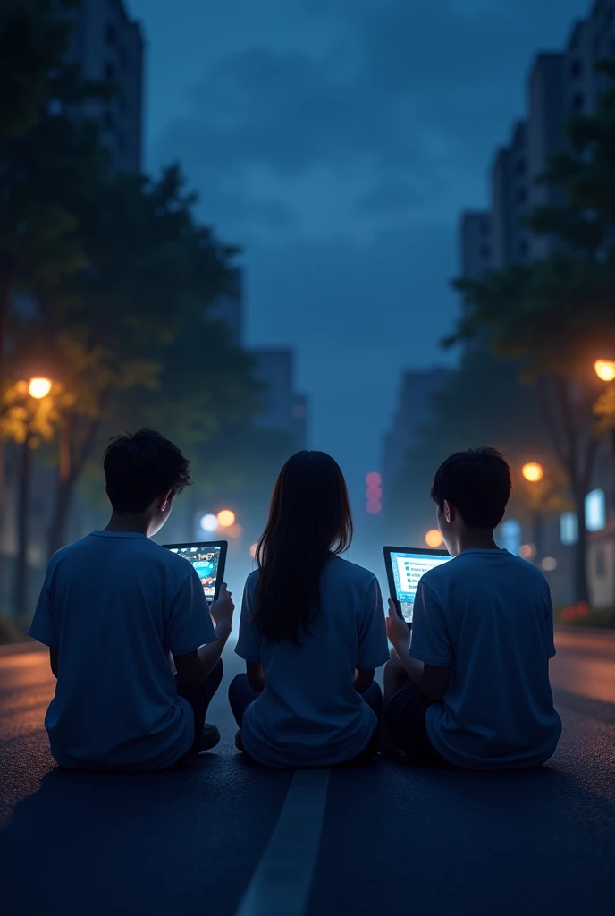 (photorealism:1.2), 3 ager holding tablet. 1 is boy in the keft 2 girl in the middle and n the right is boy, they all sitting in a street, theyre back is the front in the picture, and make the sky looks like night, like dark from the top and then blue and sky blue, dont add the street background only the skies,and the only giving light is from their tablets and then from where the lights comming make it like the lights of their tablet is showing in the sky and in the lights it shows all of their apps they use i mean,like spotify, mobile legend, etc games