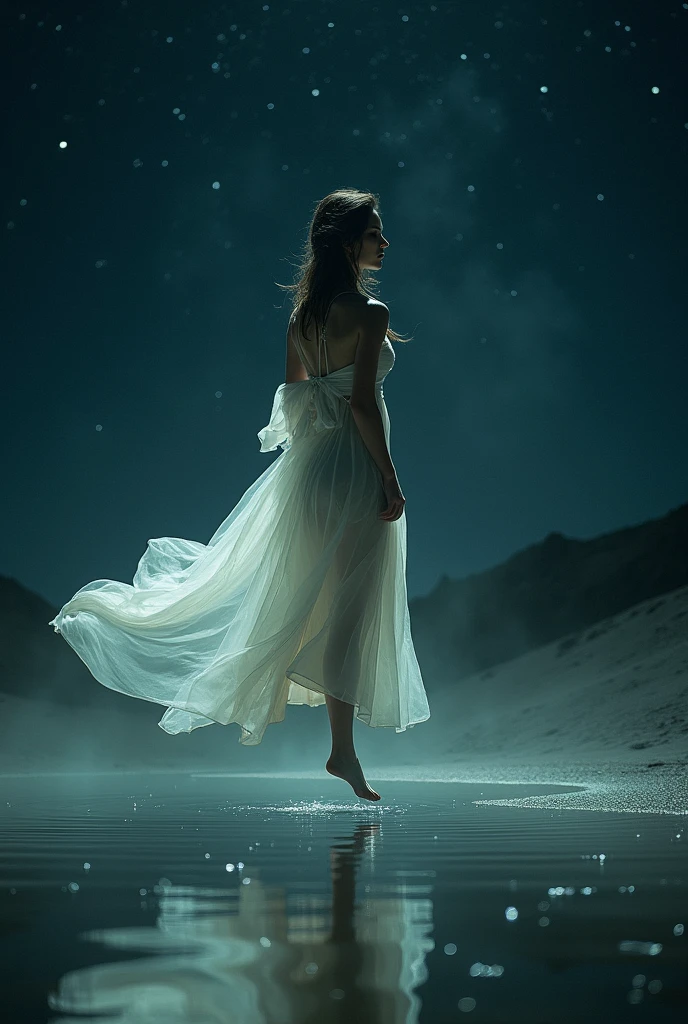 There is a woman standing in the water with a sheet, she is floating in the air, inspired by Brooke Shaden, dreamy and ethereal and dark, a frame of an ethereal, at night, floating ghost, floating away, by Brooke Shaden, floating in the desert night, levitating above the ground, wearing a flowing white dress, ethereal and otherworldly