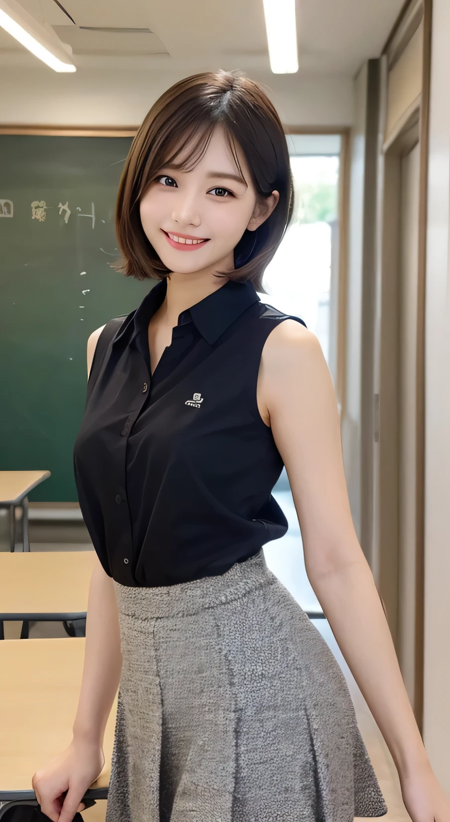 Tabletop, Highest quality, figure, Very detailed, In detail, High resolution, 8k wallpaper, Perfect dynamic composition, Beautiful attention to detail,Wavy Hair、 (short hair)、Small breasts, ((Arched back)),arch back、smile、cute、happy、sexy shot looking at camera,Perfect and beautiful face、Sleeveless shirt、Collared shirt、24-years-old、female teacher、long skirt、smile、Simple Necklace、staff room、School、