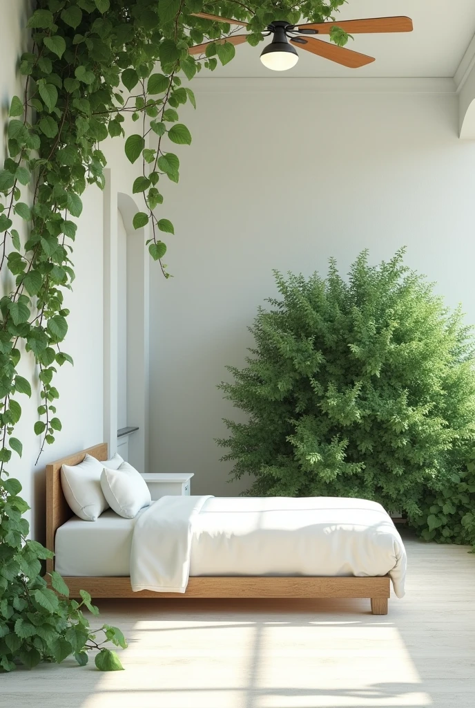 Green room with bush and. Door of the walls white bed medieval vine remove the door