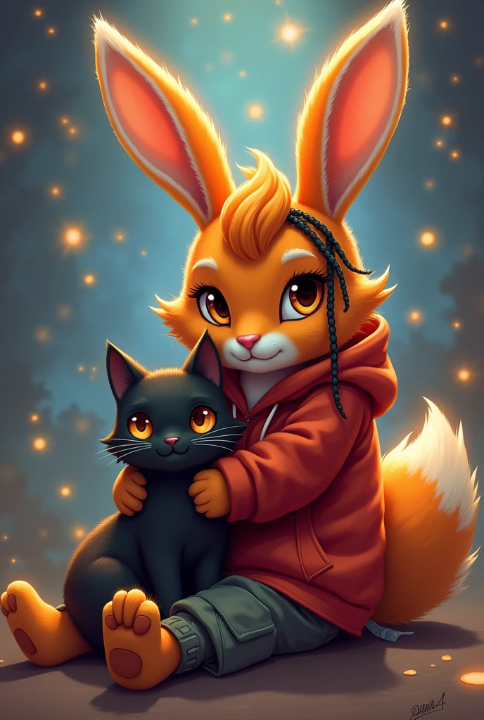 (tmasterpiece:1.2),(anatomy correct:1.1),(high qulity:1.5),(((femboy anthropomorphic)))Kimono furry_Transformation Bunny Fursona,1 Little bunny ,orange fur,orange eyes,(Celestial nose),red hoodie , cargo pants, black hair dreads , black cat on lap