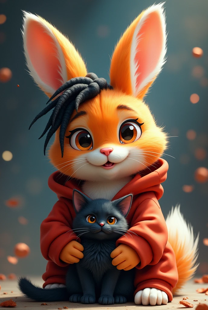 （tmasterpiece：1.2），（anatomy correct：1.1），（high qulity：1.5），（（（femboy anthropomorphic）））Kimono furry_Transformation Bunny Fursona，1 Little bunny ，orange fur，orange eyes，（Celestial nose），red hoodie , cargo pants, black hair dreads , black cat on lap