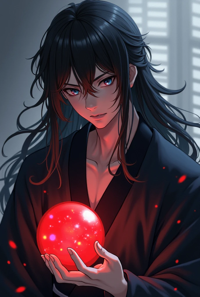 black haired, cold looking man, black eyes, long hair, majestic features, wearing a kimono, holding a glowing red ball of energy in his hand, novel cover.
