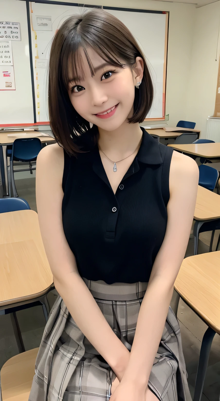 Tabletop, Highest quality, figure, Very detailed, In detail, High resolution, 8k wallpaper, Perfect dynamic composition, Beautiful attention to detail,Wavy Hair、 (short hair)、Small breasts, Random sexy poses、smile、cute、happy、sexy shot looking at camera,Perfect and beautiful face、Sleeveless shirt、Collared shirt、24-years-old、female teacher、long skirt、smile、Simple Necklace、staff room、School、