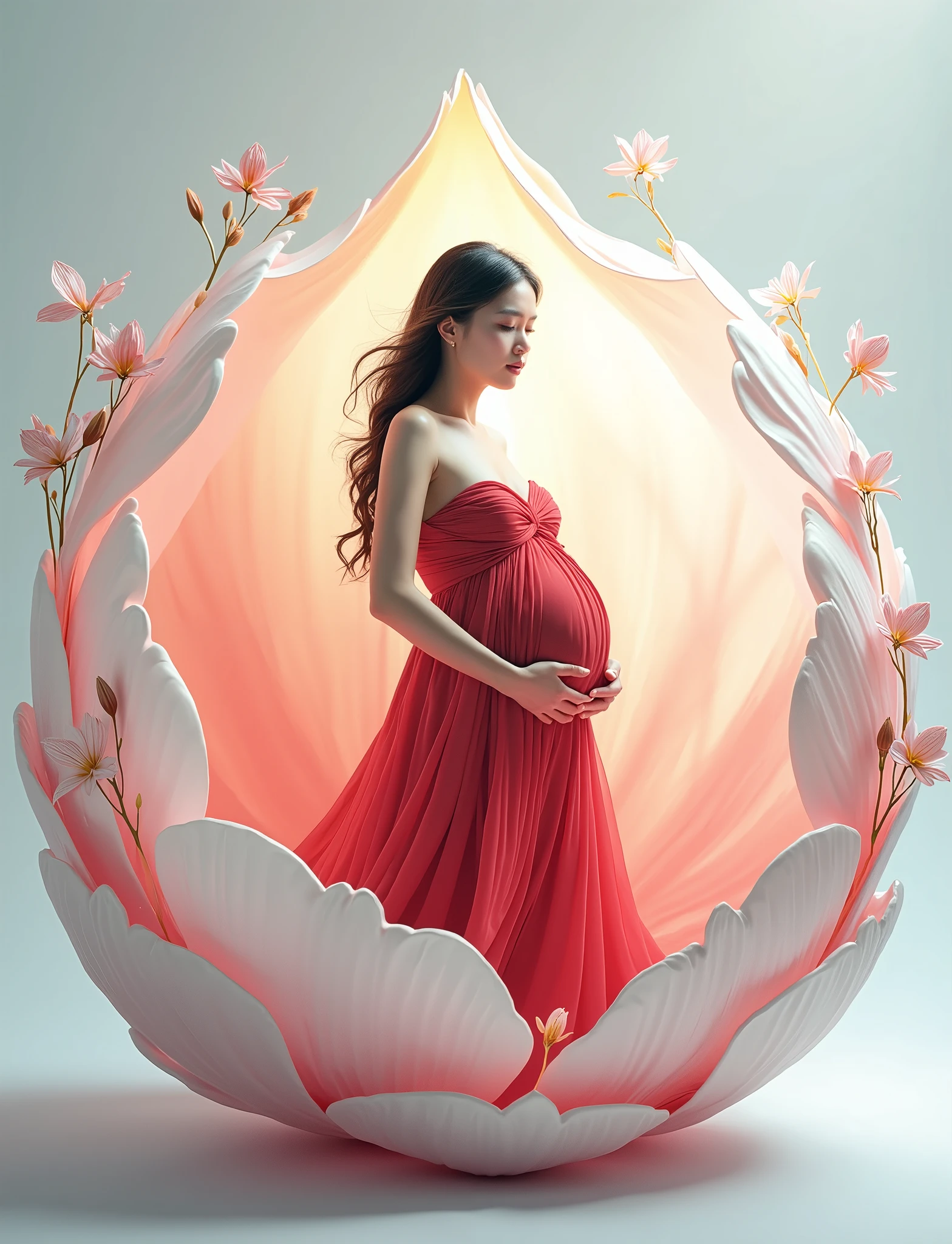pregnant woman in red dress standing in a large flower, digital art inspired by Igor Kieryluk, trending on cg society, digital art, maternal photography 4 k, perky woman made of petals, pregnant belly, stunning elegant pose, flower goddess, lady with glowing flowers dress, maternity feeling, dressed in a flower dress, photo manipulation, beautiful and graceful, pregnant, leaf flowing in air