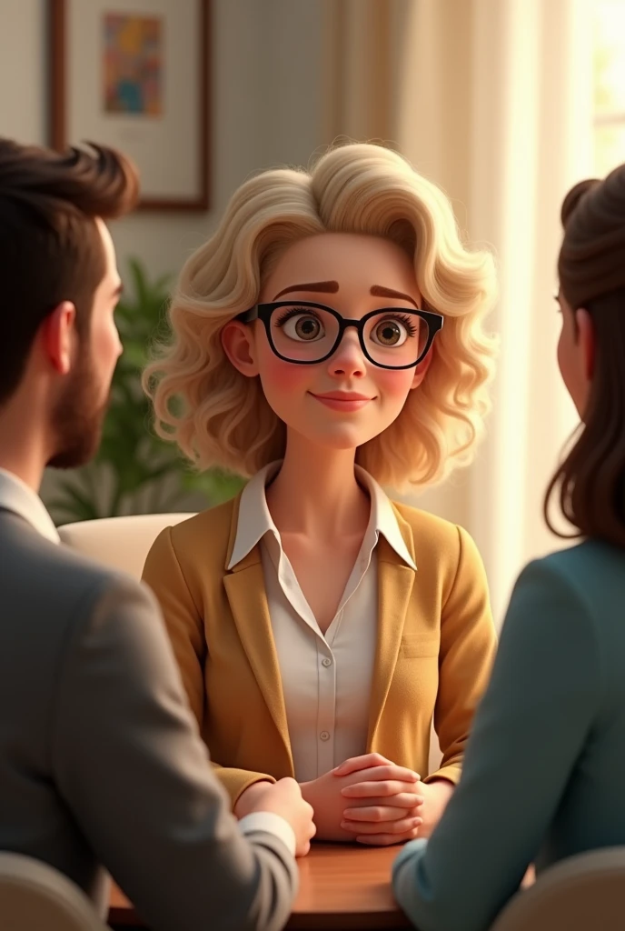 A blonde woman with curly hair and glasses sits with a couple she looks like a therapist.
, looks like pixar psichologist
not so young, more middle aged