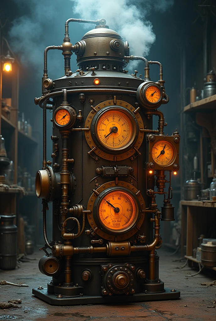 (best quality,4K,8k,high resolution,masterpiece:1.2),Super detailed,(Practical,photoPractical,photo-Practical:1.37),Vaporpunk,19th century Britain,Large scary household servant head,Built-in multiple tool arms,Metal body,crisp,age,Steam powered,mechanical,Complex clocks,leather strap,dark,Gothic style,Heavy duty gears,Exposed pipes,GLOOMY AMBIANCE,dusty,cigarette,Huge manipulator,Ominous red eyes,precision engineering,Tooth boiler,whistle,Sculpture,Gorgeous decoration,Sad expression,Mechanical hissing,Serious facial features,Industrial background,Gauges,control Panel,flashing gas lamp,copper ornaments,Meticulous craftsmanship,Retro design,Victorian aesthetics,Retro-futurism,Rich color palette,Antique Texture,Unforgettable presence