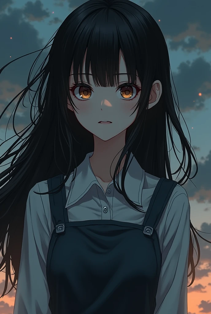 (Hyper realistic), (illustration), (High resolution), (8k), (extremely detailed), (best illustration), Yoru ( chainsaw man ), (beautiful detailed eyes), (Best Quality), (ultra detailed), (masterpiece), (Wallpaper), (detailed face), Alone, Upper part of the body, Focus on face, 1 girl, long black hair, Korean, fine eye shadow, well detailed eyes, Brown eyes, small moles under the eyes, long-sleeve shirt, neck arch, small breasts, apron dress, dynamic pose, low lighting, evening, Dark, clouds, Dark evening