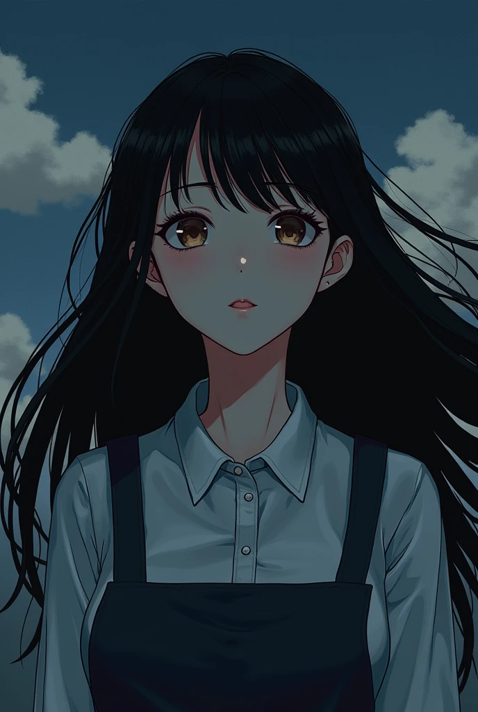 (Hyper realistic), (illustration), (High resolution), (8k), (extremely detailed), (best illustration), Yoru ( chainsaw man ), (beautiful detailed eyes), (Best Quality), (ultra detailed), (masterpiece), (Wallpaper), (detailed face), Alone, Upper part of the body, Focus on face, 1 girl, long black hair, Korean, fine eye shadow, well detailed eyes, Brown eyes, small moles under the eyes, long-sleeve shirt, neck arch,  small breasts, apron dress, dynamic pose, low lighting, evening, Dark, clouds, Dark evening