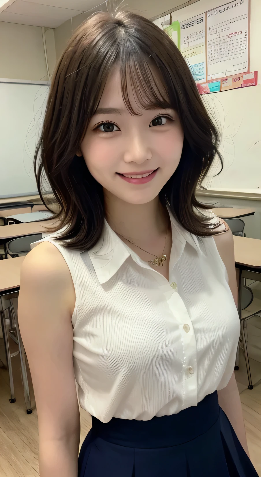 Tabletop, Highest quality, figure, Very detailed, In detail, High resolution, 8k wallpaper, Perfect dynamic composition, Beautiful attention to detail,Wavy Hair、 (short hair)、Small breasts, Random sexy poses、smile、cute、happy、sexy shot looking at camera,Perfect and beautiful face、Sleeveless shirt、Collared shirt、24-years-old、female teacher、long skirt、smile、Simple Necklace、staff room、School、