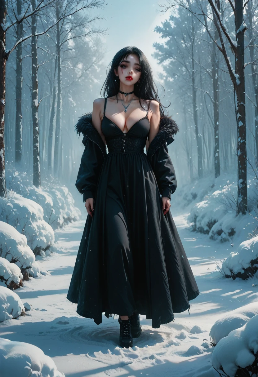 gothic ager with big breasts with little clothes, in the snow, long black hair, necklace on her neck, painted nails, full body, beautiful, striking, attractive, well detailed, painted nails, spectacular image