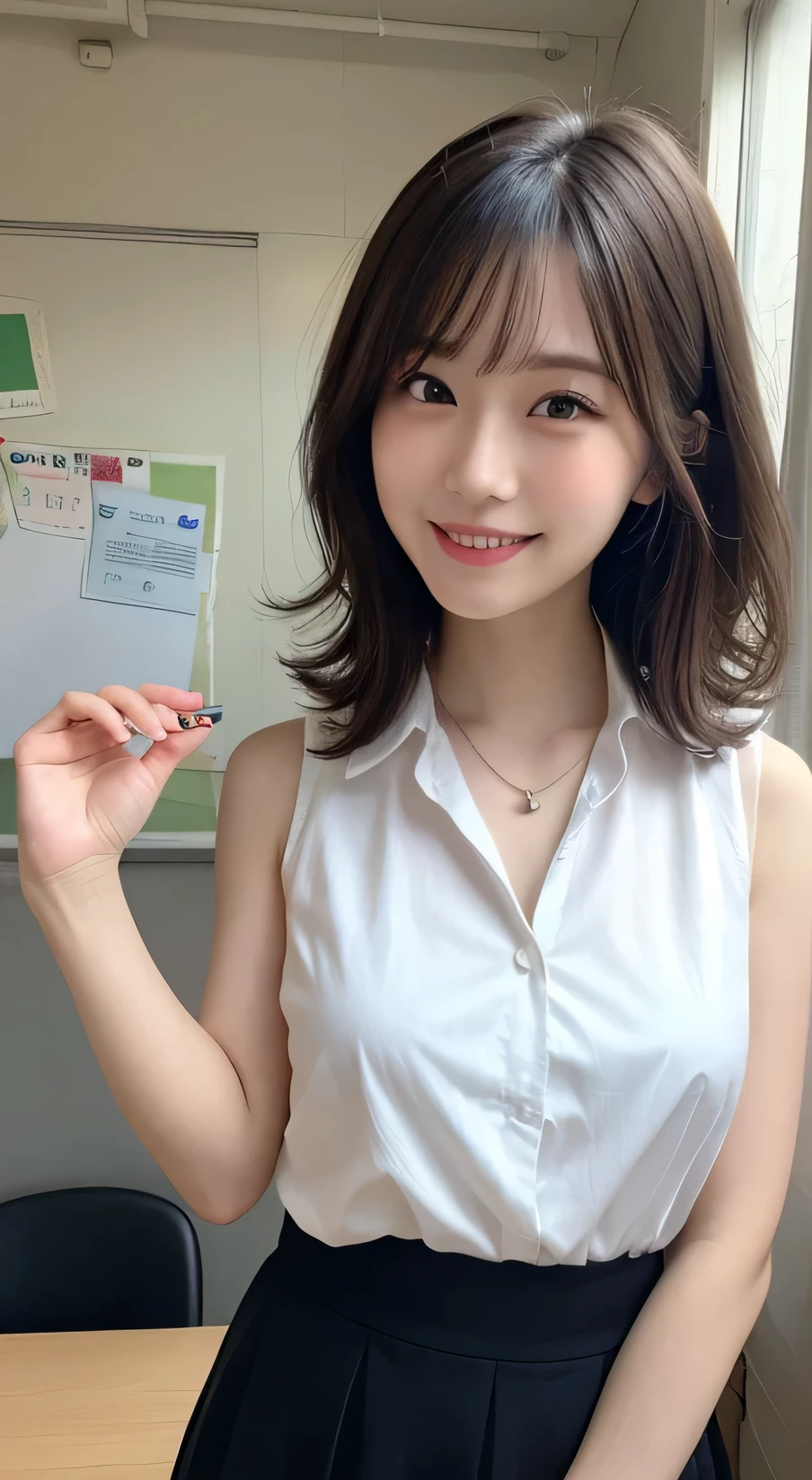 Tabletop, Highest quality, figure, Very detailed, In detail, High resolution, 8k wallpaper, Perfect dynamic composition, Beautiful attention to detail,Wavy Hair、 (short hair)、Small breasts, Random sexy poses、smile、cute、happy、sexy shot looking at camera,Perfect and beautiful face、Sleeveless shirt、Collared shirt、24-years-old、female teacher、long skirt、smile、Simple Necklace、staff room、School、