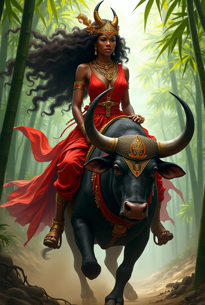 Female Orisha Iansã of Afro religion with red clothing in a bamboo grove riding a buffalo with the forces of the winds