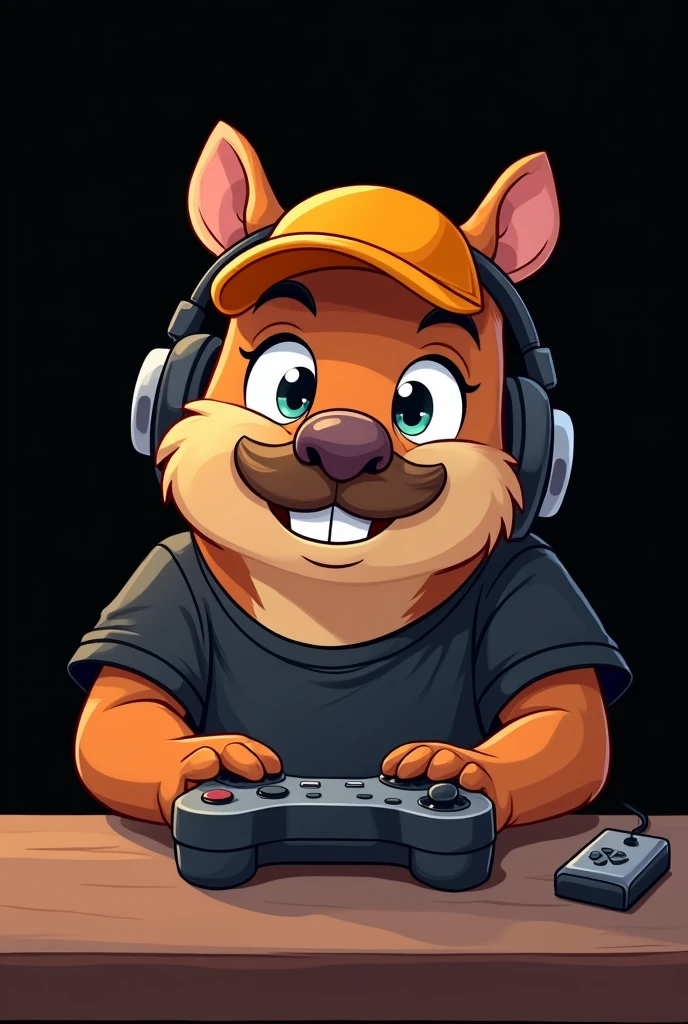 Cartoon drawing of a capybara face with a mustache playing a video game in a black t-shirt, orange cap and headphones