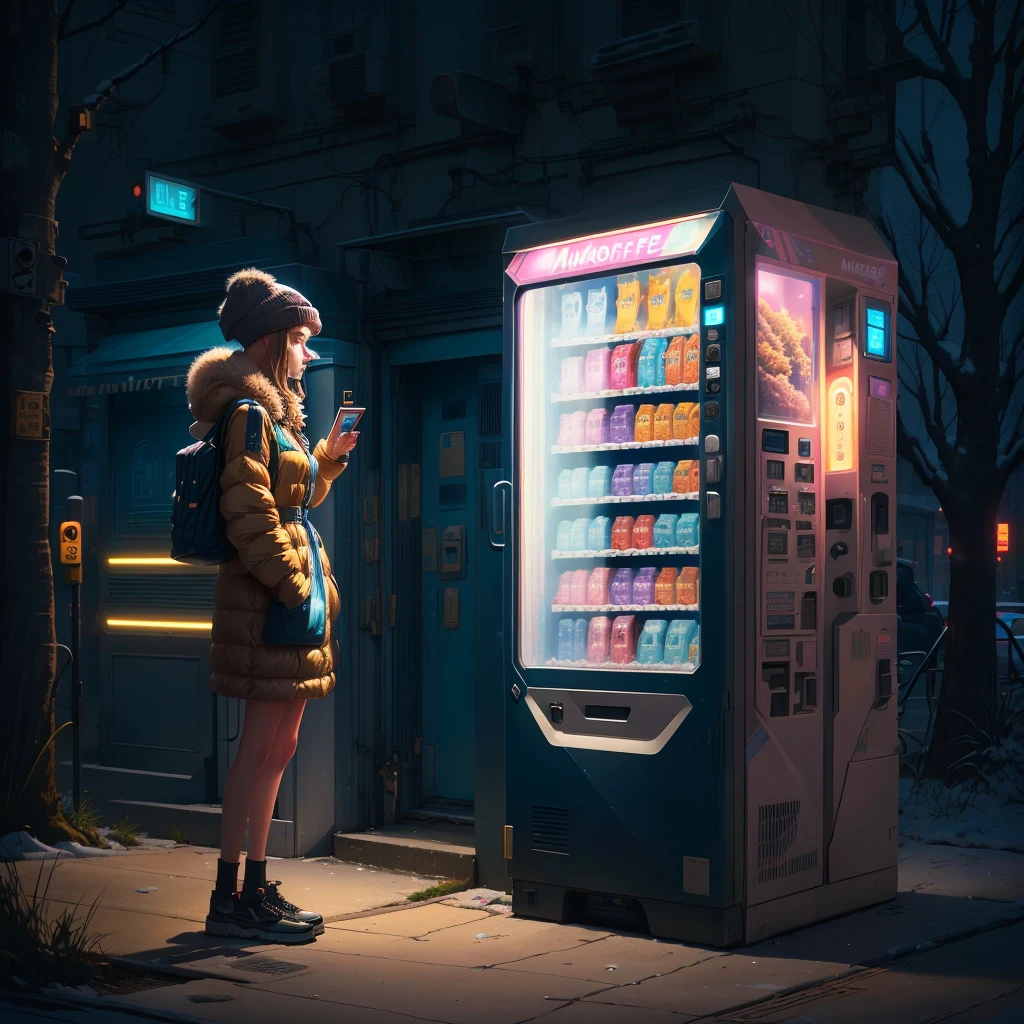 araffe vending machine on sidewalk with woman standing next to it, vending machine, vending machines, sci-fi vending machine, inspired by Chris LaBrooy, lofi girl, nighttime, by Chris LaBrooy, lofi girl aesthetic, commercial illustration, cinematic flavor, in a candy forest! at night, at twilight, advertising photo