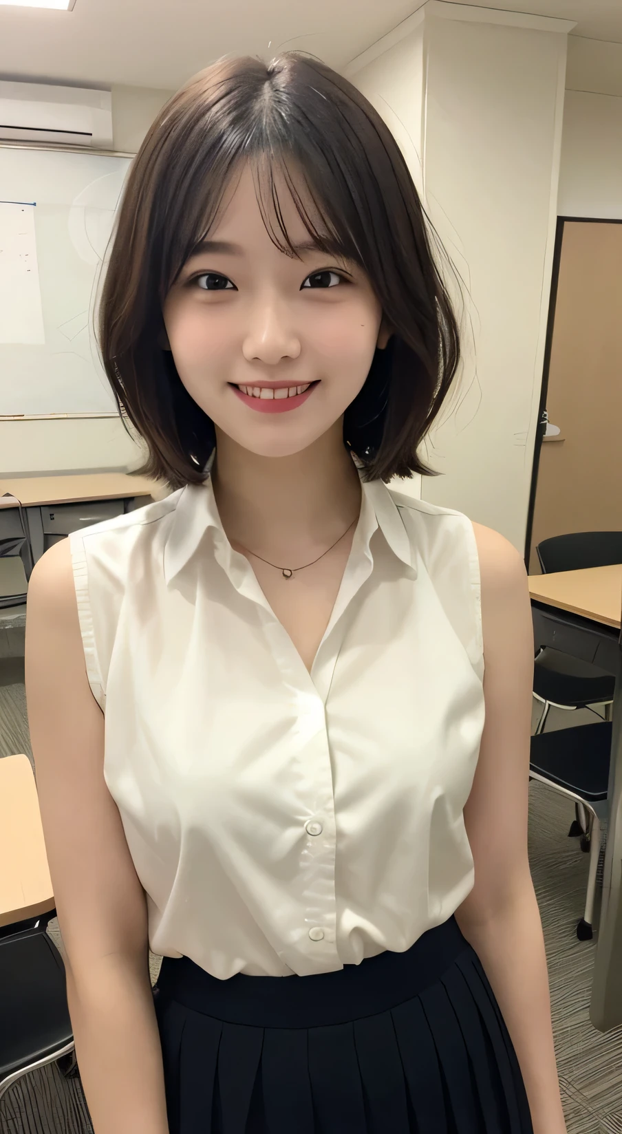 Tabletop, Highest quality, figure, Very detailed, In detail, High resolution, 8k wallpaper, Perfect dynamic composition, Beautiful attention to detail,Wavy Hair、 (short hair)、Small breasts, Random sexy poses、smile、cute、happy、sexy shot looking at camera,Perfect and beautiful face、Sleeveless shirt、Collared shirt、24-years-old、female teacher、long skirt、smile、Simple Necklace、staff room、School、